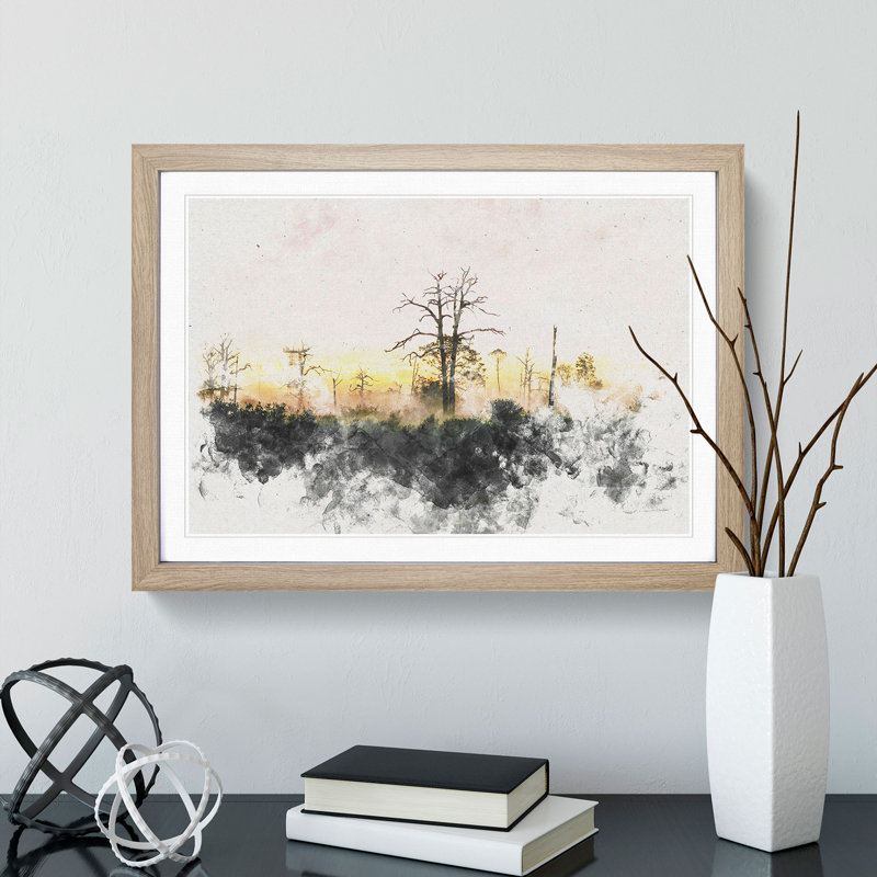 Fog over Woodland - Picture Frame Painting Print, 62cm H x 87cm W x 2cm D, Oak Framed
