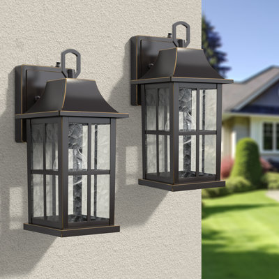 1-Light 12.5" Oil Rubbed Bronze Aluminum and Hammered Glass ETL Outdoor Wall Lantern with Dusk To Dawn