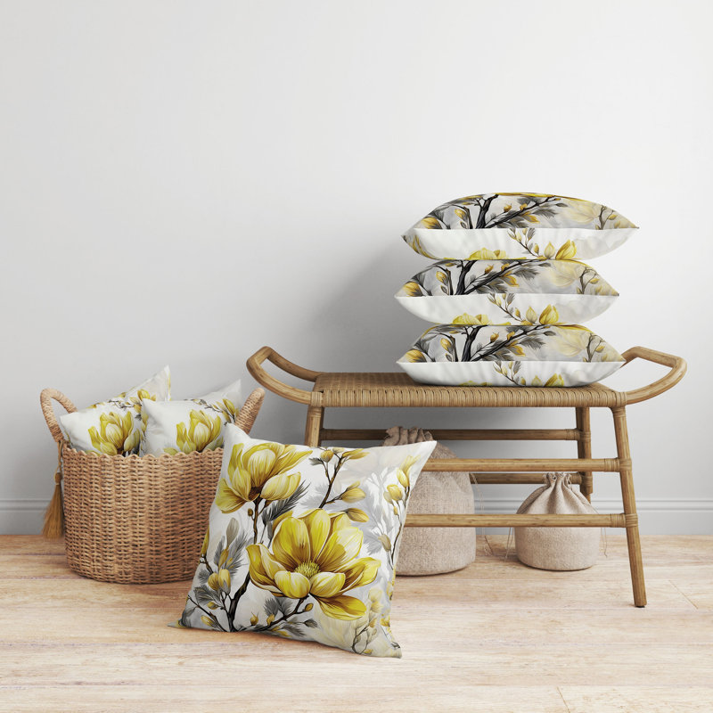 Yellow and Gray Floral Broadcloth Indoor/Outdoor Pillow