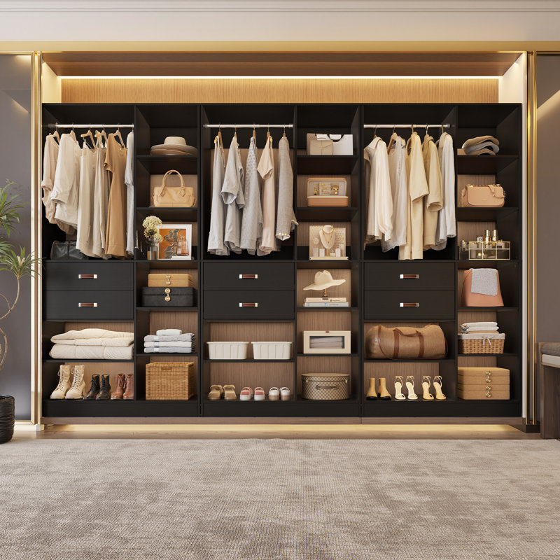 120'' W Closet System with Wooden Drawers and Hanging Rods, Black