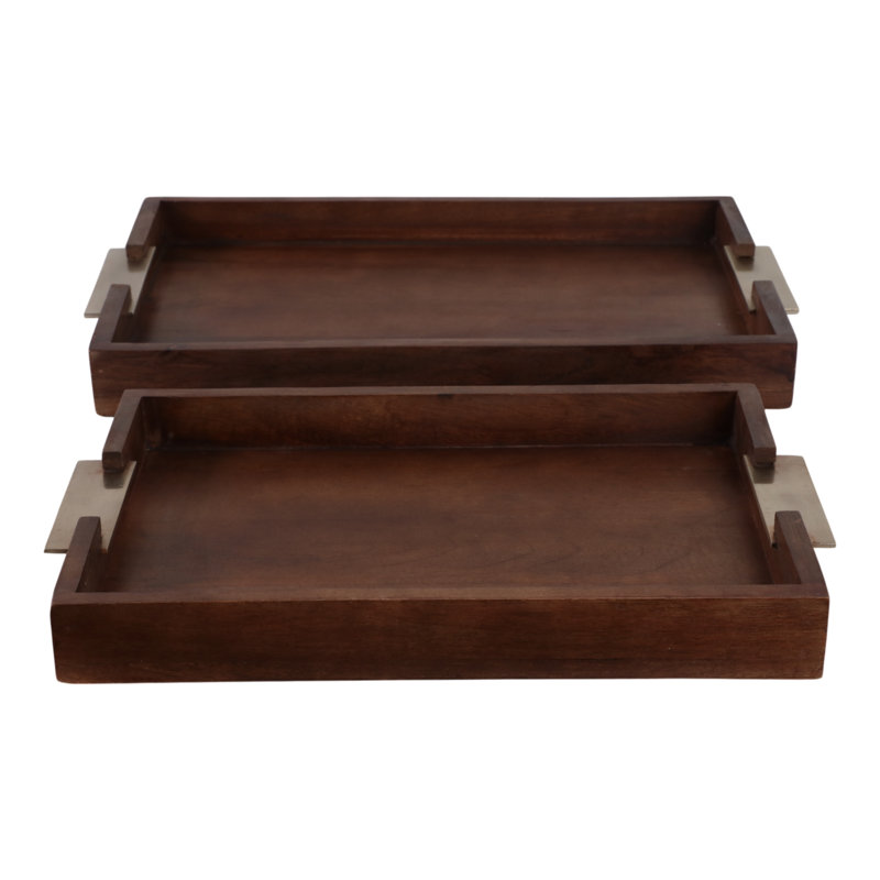 Wood & Aluminum Serving Trays With Brass Handles - Decorative Nesting Trays For Home, Office, Bedroom & Living Room - Set Of 2 - 2" Brown