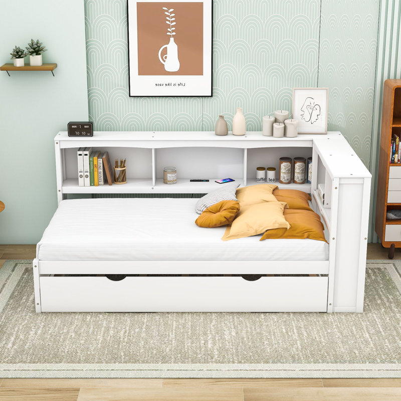 Postfield Twin Storage Platform Bed with Trundle, USB Ports and Shelves, White