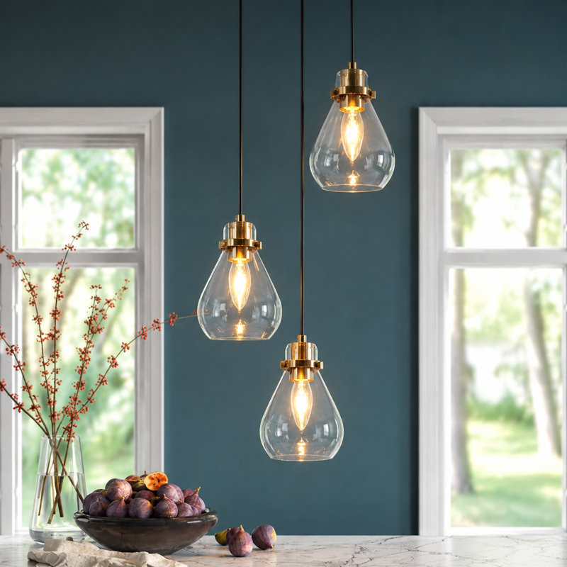 Luminaire suspendu en forme de cloche à 3 lumières noir et or avec abat-jour en verre