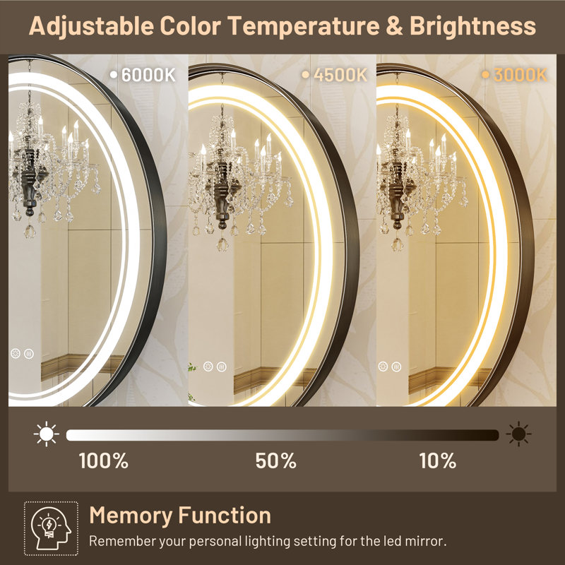 Vinia Oval LED Lighted Bathroom Vanity Mirror Dimmable and Anti-Fog Wall Mirror, Black, 36" x 24"