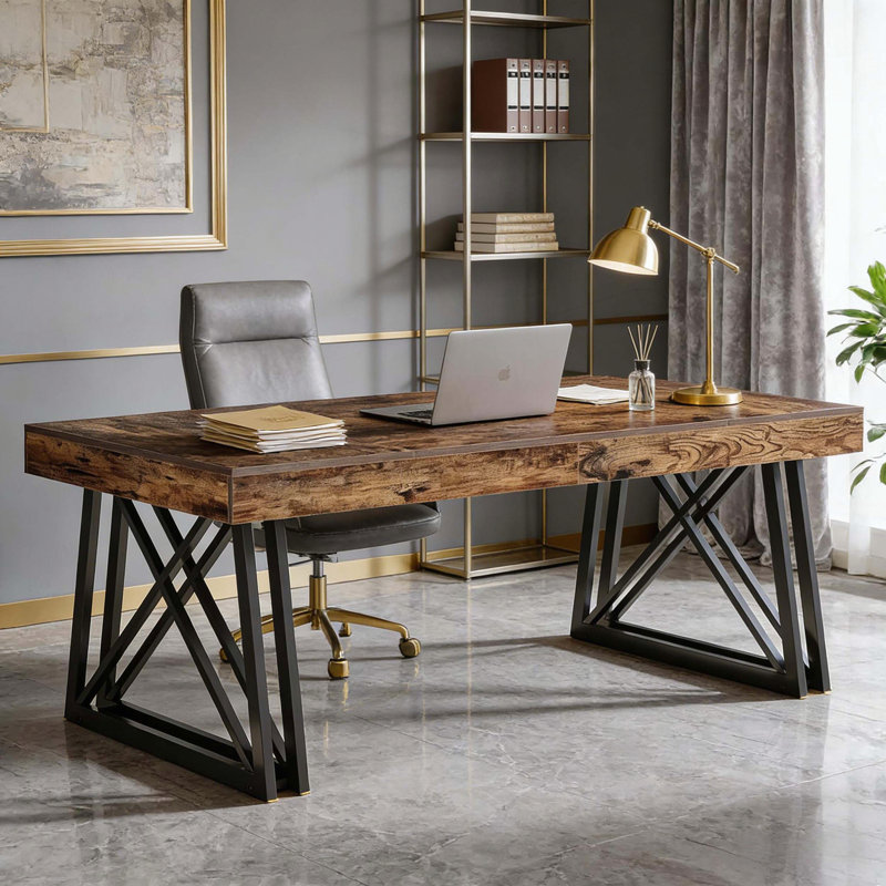 Rustic Industrial Executive Desk with X-Shaped Legs
