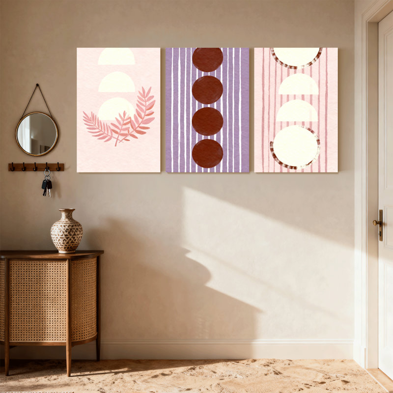 Contemporary Boho Leaf Pattern Stripes Circles Dots Lines Set of 3 Canvas Wall Art Prints, 18" H x 36" W