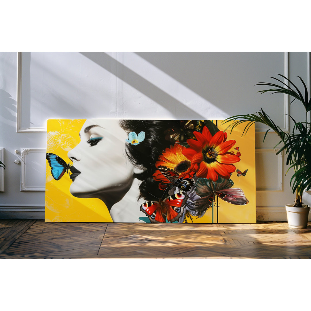 Wandbild 120x60cm Porträt einer jungen Frau Schmetterlinge Blumen Blüten Sommer