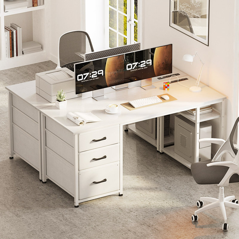 51"W Reversible Computer Desk With Recessed Outlets,Home Office Desk With 3 fabric Drawers, Writing Desk With Storage Shelves