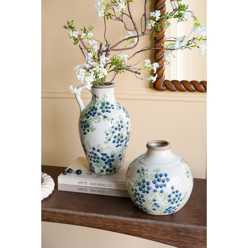 Vase en céramique 7,9 x 7,9 x 7,9 po avec motif de baies bleues