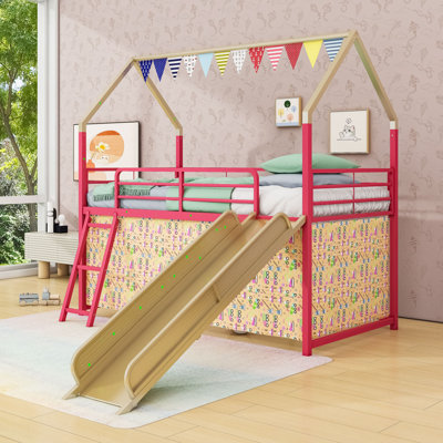 Lit mezzanine simple en métal avec rideau, glissade et échelle