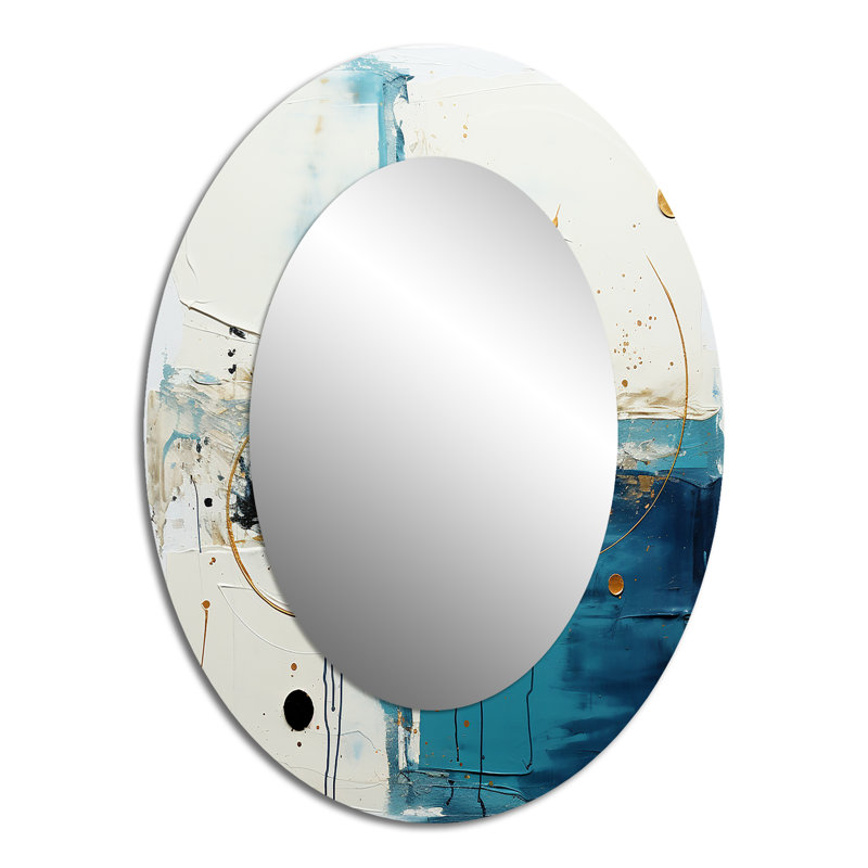 New Harmony Circular Abstract In White And Blue - Large Oval Wall Mirror On Metal, 40" x 30"