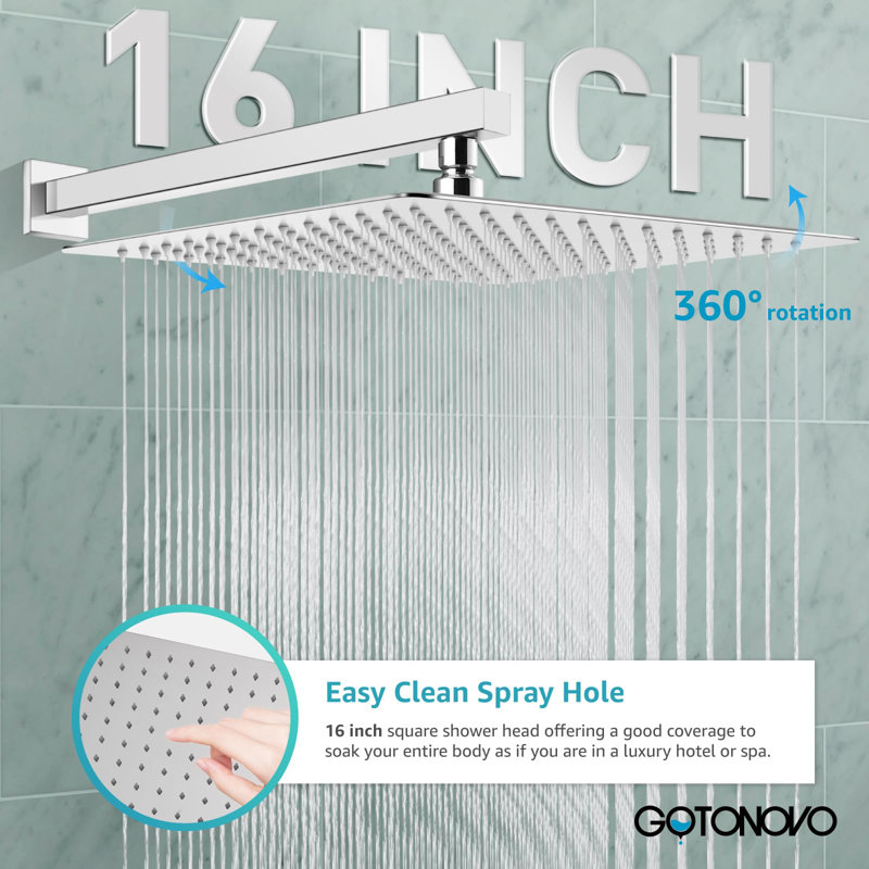 16-Inch Square Rain Shower Head, Handheld Shower, 59-Inch Shower Hose, 15.7-Inch Shower Arm, Handheld Holder, Polished Chrome
