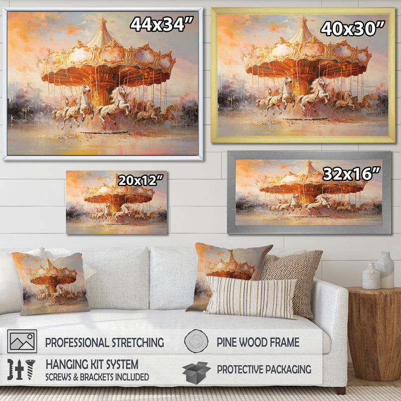«Carousel In Sunset Charm I», reproduction sur toile, Cadre simple argenté, H 34 po x l 44 po x P 1,5 po