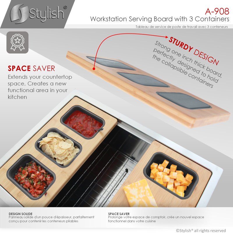18 inch Over the Sink Divided Serving Board with 3 Collapsible Containers