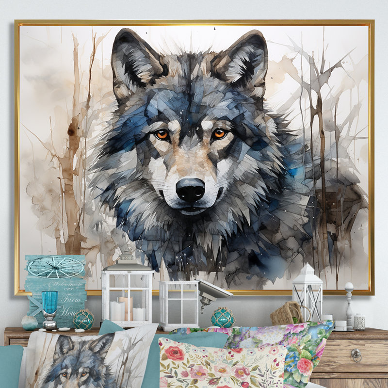 Minimalisme bleu et gris, expression du loup sur toile - loup, H 24 po x l 32 po x P 1 po, Cadre flottant doré