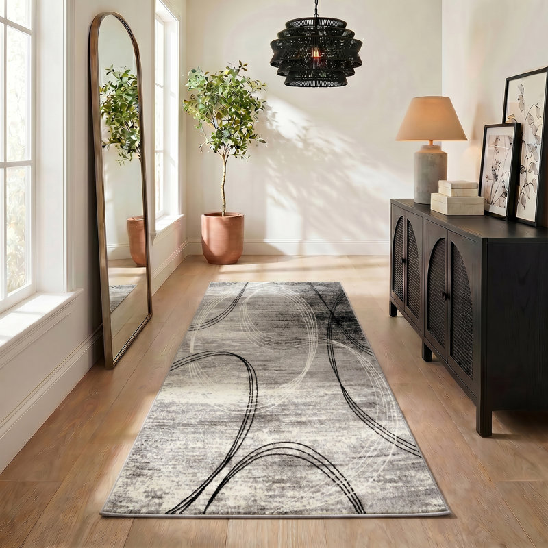 Tapis gris à motif abstrait Dillup-Jones, Tapis de couloir 2 pi 3 po x 10 pi