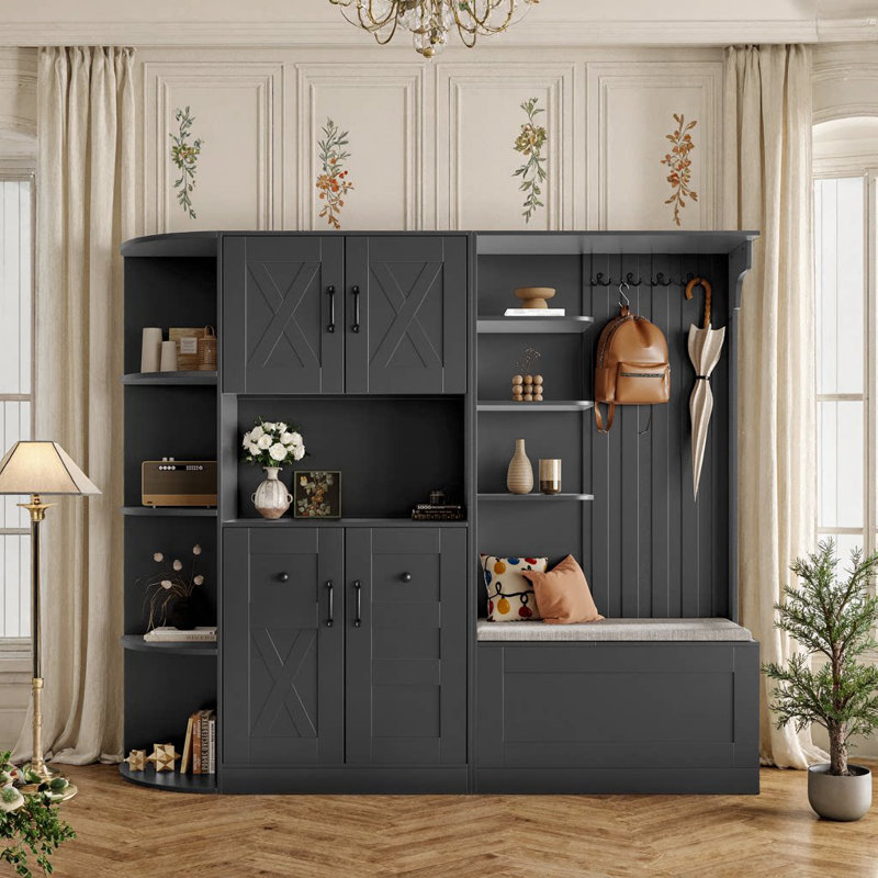 Armoire de vestibule multifonctionnelle 2-en-1 avec rangement et 4 crochets UnaFlora, Noir
