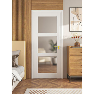 24'' x 80'' 3-Lite French Interior Tempered Frosted Glass Door Slab for Pantry Doors, French & Pocket Doors, Solid Core Interior Door w/o Hardware Kit, Prehung Jamb or Borehole, White