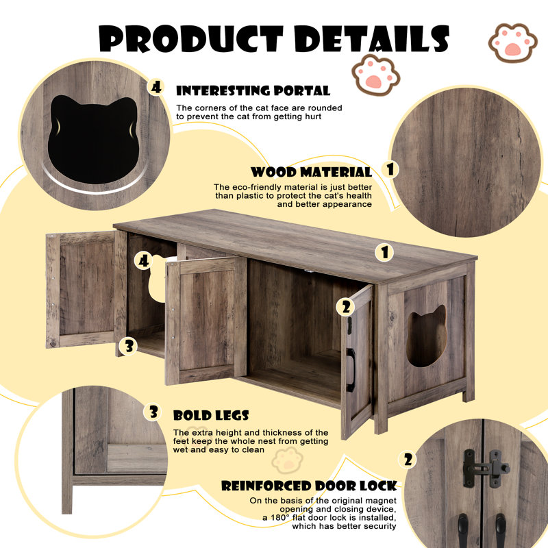 Rustic Gray Wooden Cat Litter Box Enclosure with Dual Chambers
