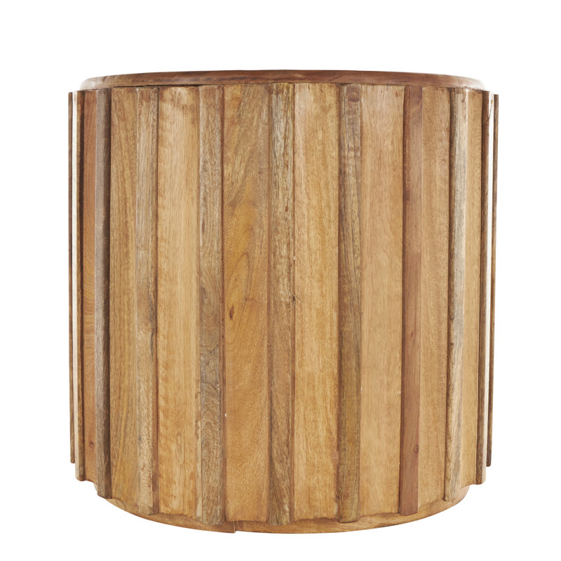 Claree Mango Wood Handmade Concaved Curve Drum Side End Brown Accent Table with Ridges, 18.25" H x 19.3" W x 19.3" D