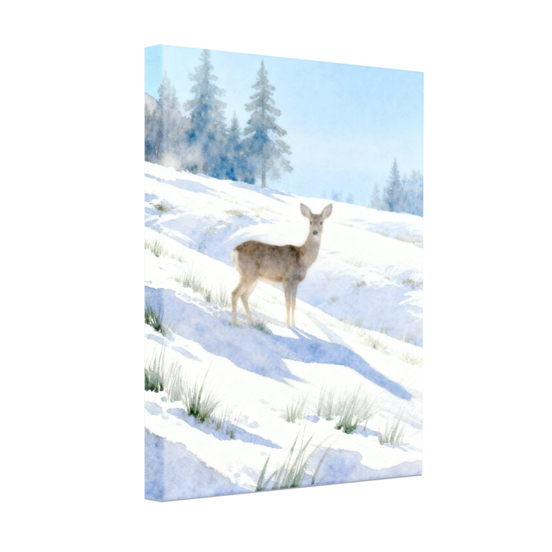 Cerf de Noël debout dans un paysage enneigé avec arbres, ensemble de 3 impressions sur toile, H 18 po x l 12 po
