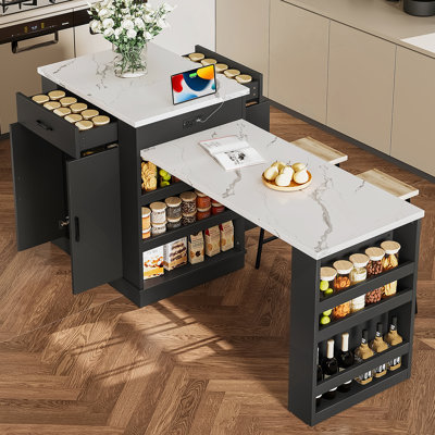 Accent Cabinet, Extendable Island Console With Drawers, Double-Door Cabinet And Open Shelving