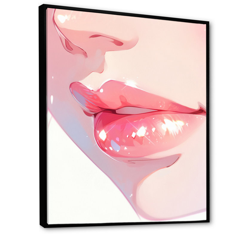 «Pink Pastel Pout Lips» sur toile, Cadre flottant noir, H 32 po x l 16 po x P 1 po