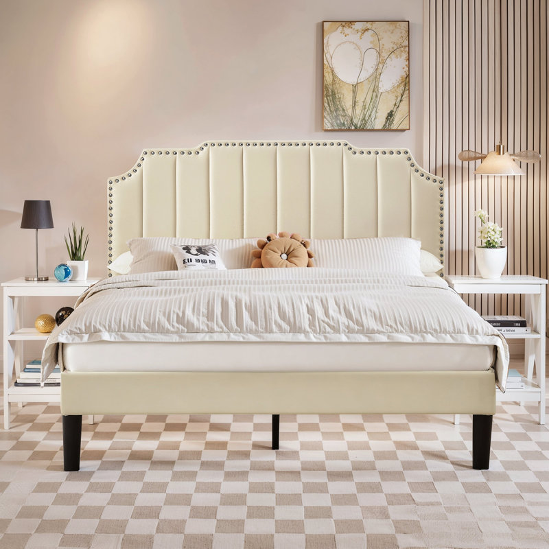 Grand lit tapissier avec 2 tables de chevet - Ensemble de chambre à coucher moderne, Grand lit, Blanc