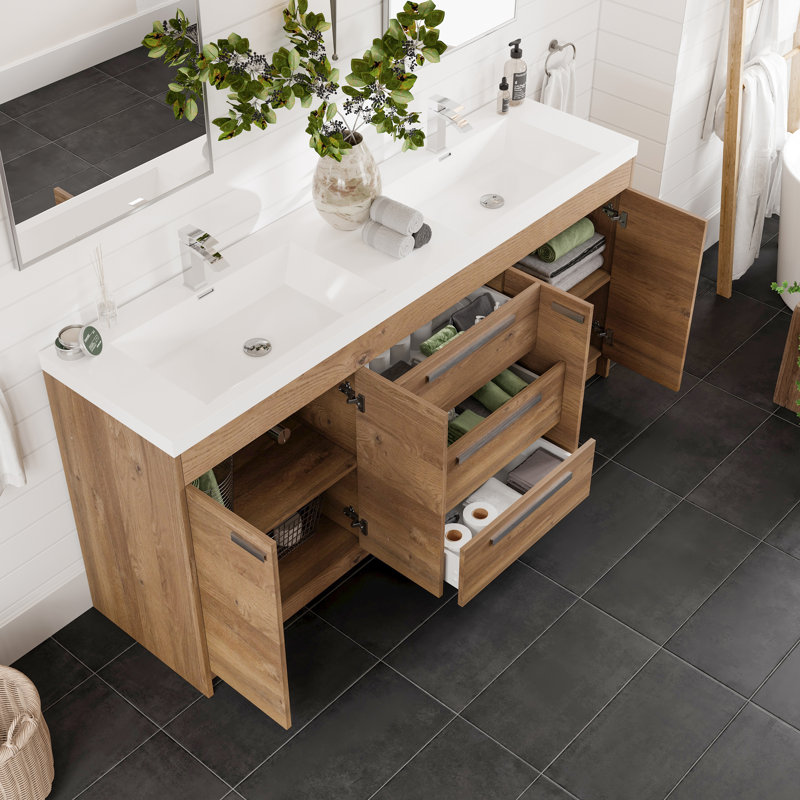 Ensemble de meuble-lavabo double Wauconda, Chêne naturel, 84"