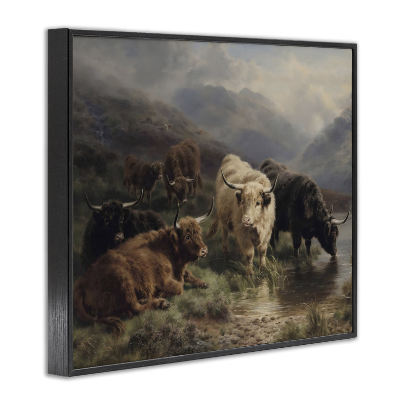 Highland Cows Beside Misty Loch, estampe numérique, design par Arlington Prints, 24 x 30, Giclée noire de minuit encadrée