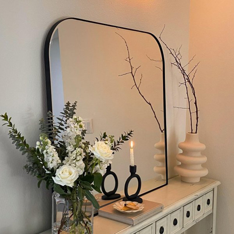 Grand miroir mural arqué Bhargava pour salle de bain, salon, 30 po x 34 po, Noir mat