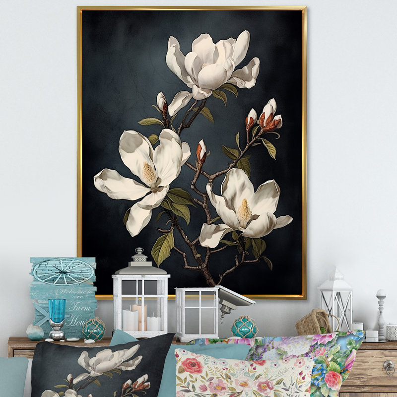 «White Blooimg Magnolias Trees II», reproduction sur toile, Cadre flottant doré, H 32 po x l 24 po x P 1 po