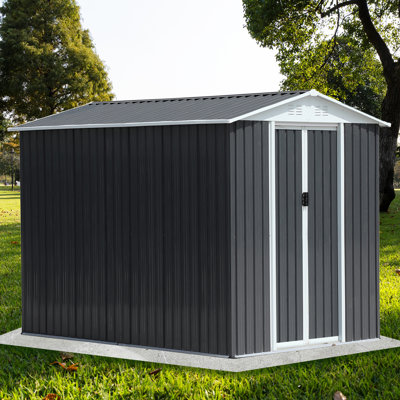 Remise de jardin grise pour le rangement des vélos de 6 pi x 9 pi en acier métallique avec cadre en alliage d'aluminium et toit Apex, panneaux muraux imperméables, ventilés pour réduire les odeurs, processus d'installation transparent -