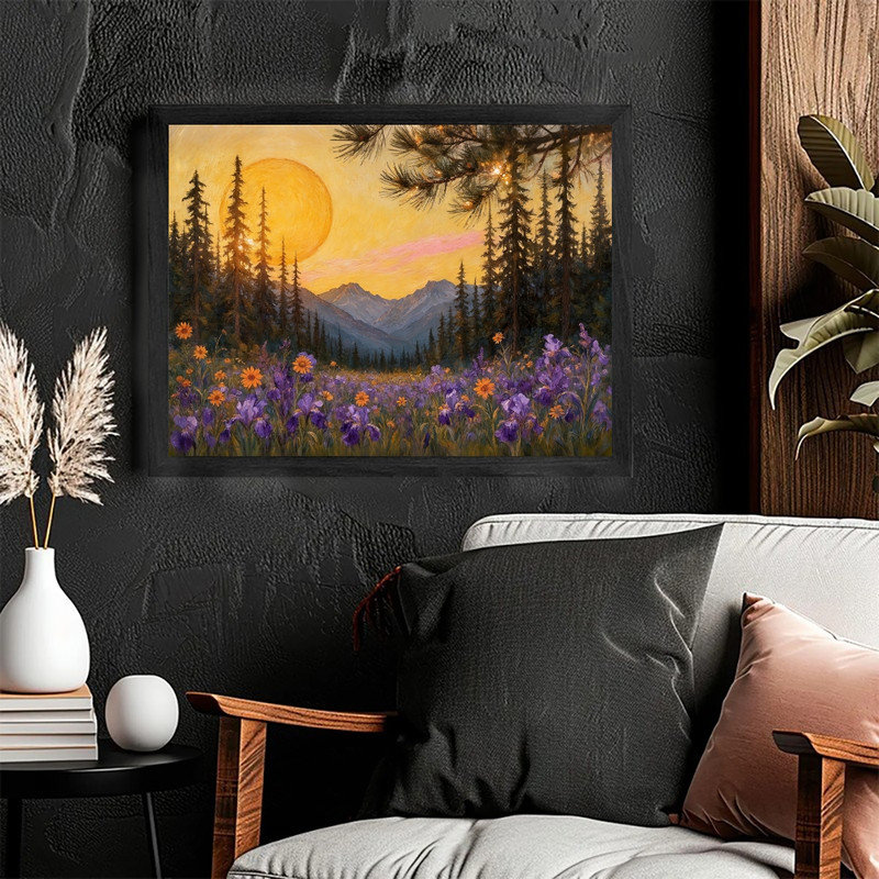 «Moonlit Pine Forest», encadré noir, pleine lune, peinture de champ de fleurs sauvages, art mural paysage nature Moody Mystical
