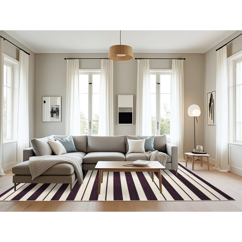 Tapis beige à rayures horizontales lavable à la machine, Rectangulaire 8 pi x 10 pi
