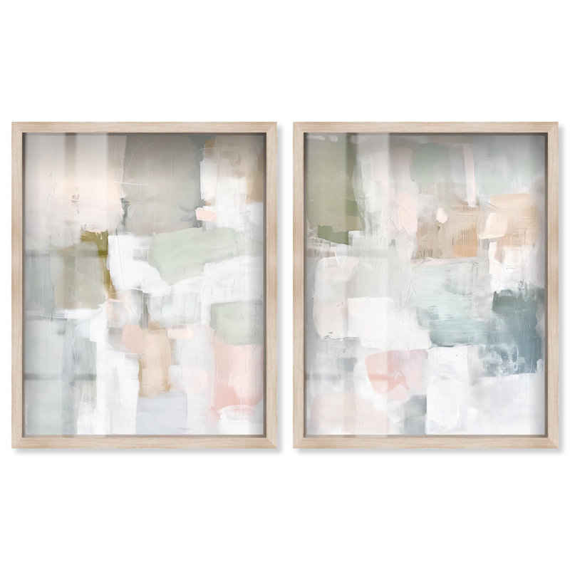 «Serene Abstract Duo Shadowbox», ensemble d'art mural abstrait par Art Remedy, H 21 po x l 17 po, Cadre blond