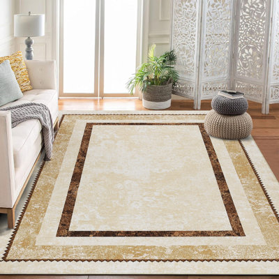 10 po x 13 po Tapis à bordure moderne délavé beige antidérapant Tapis antidérapant doux à poils courts Grand tapis mince lavable Imprimé pliable pour le salon Bureau de la chambre à coucher