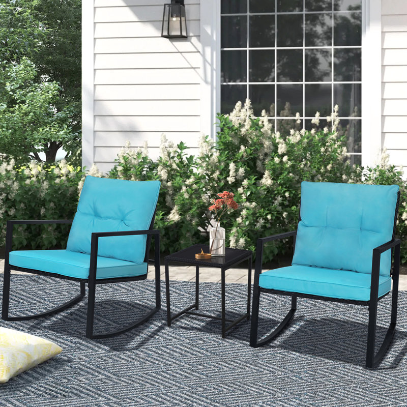 Kinzie Wicker 3 Piece Outdoor Rocking Chairs set, Patio Bistro Set with Cushions and Coffee Table, Black, Light Blue