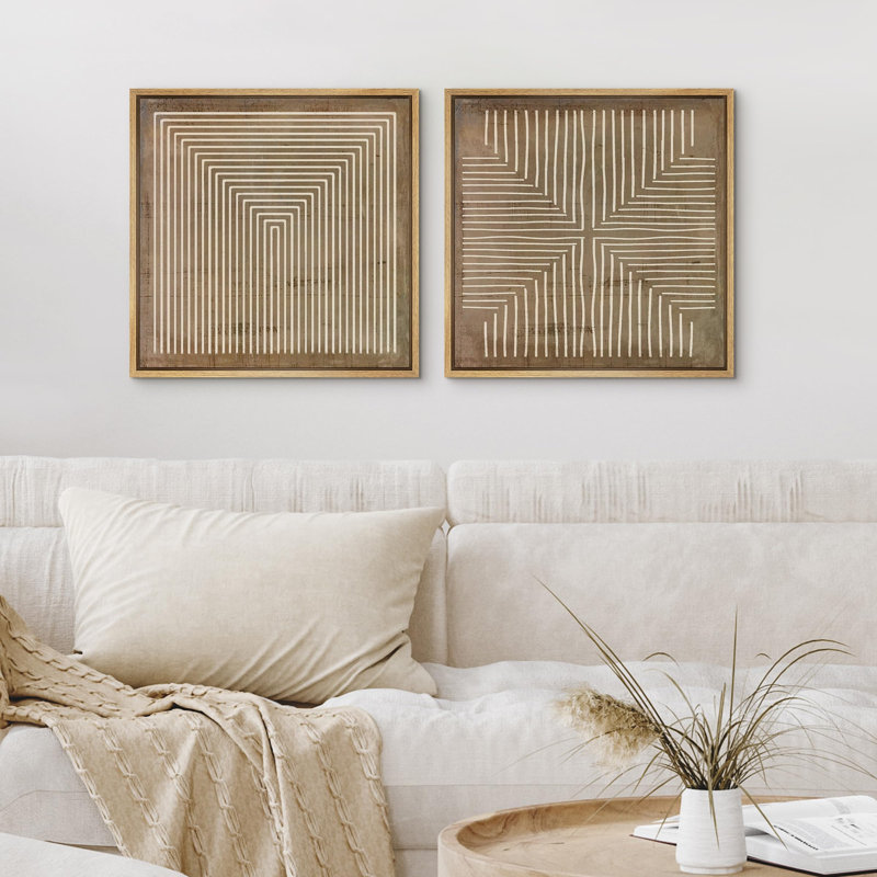 Geometric Line Pattern Wall Decor - Minimalist Neutral Abstract Artwork - Framed Canvas Master Bedroom Wall Art Work 2 Pieces Print