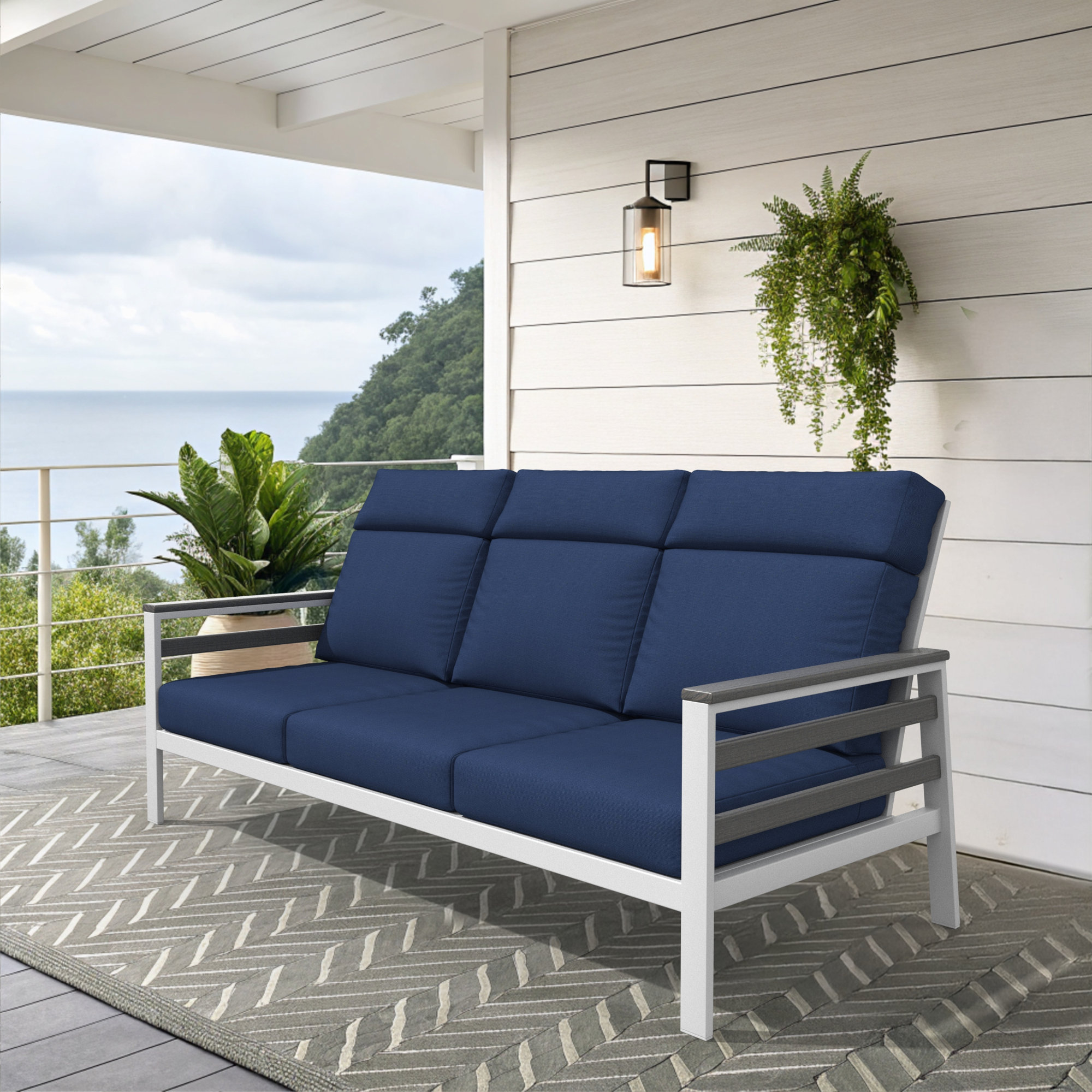 Townsend Metal Outdoor Sofa With Sunbrella Cushion, Gray, Canvas Navy