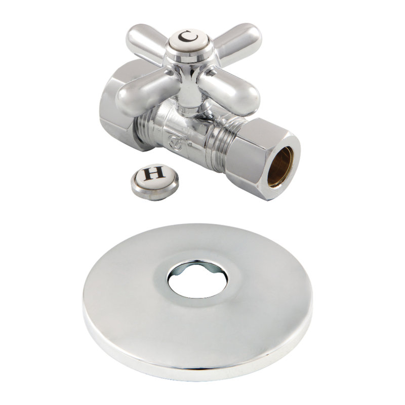 Kingston Brass 5/8-Inch OD Comp x 1/2-Inch OD Comp Quarter-Turn Straight Stop Valve with Flange, Polished Chrome