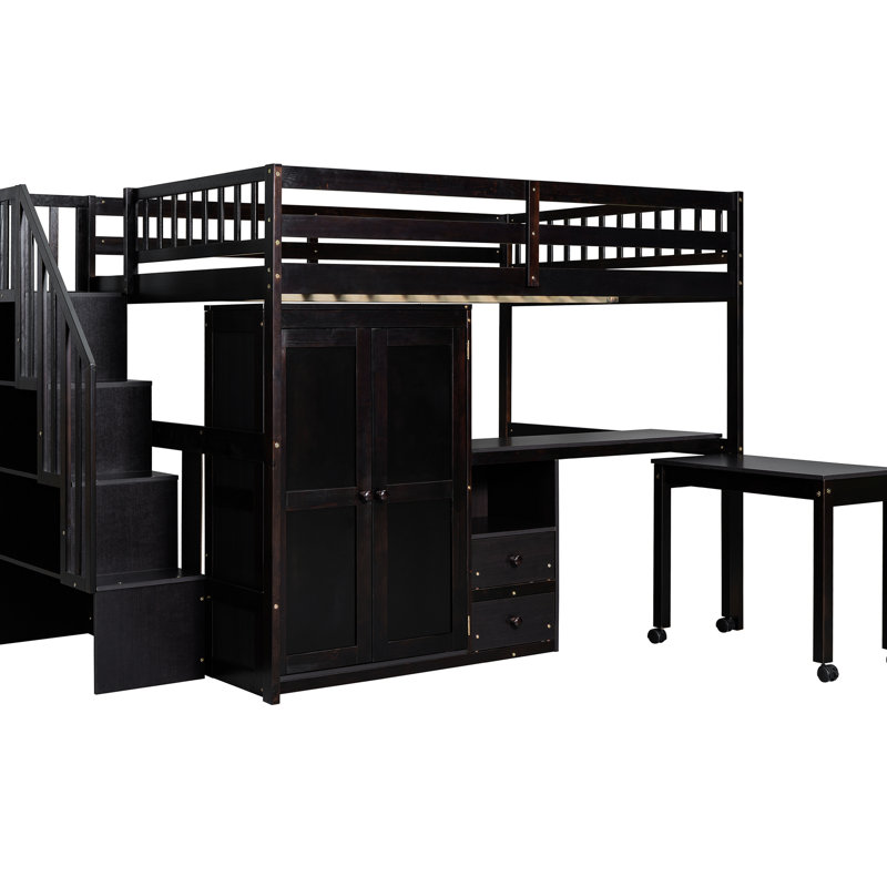 Full Size Loft Bed With Stairs, Bookshelf, Drawers, Desk & Wardrobe In For Teens - Robust Space Bedroom Option And Convenient Setup