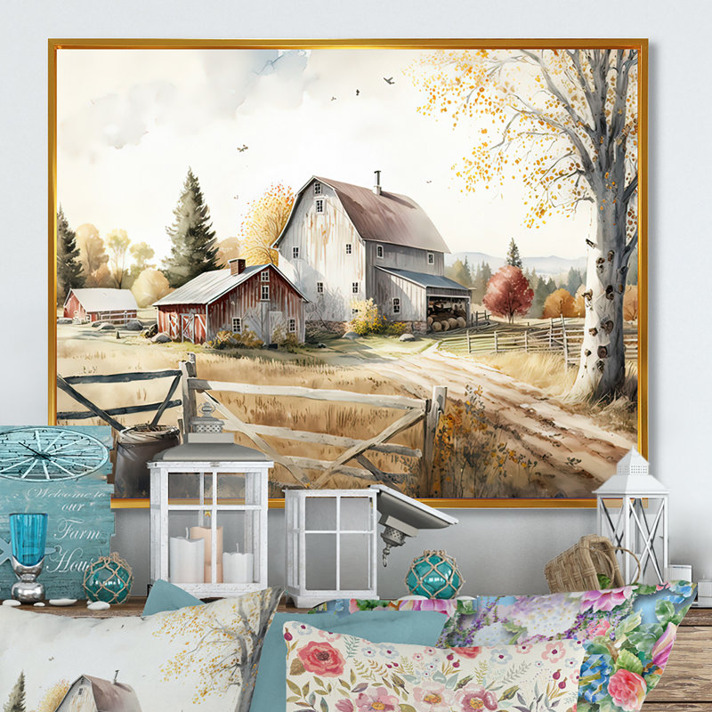 «Beautiful Barn In Spring II», art mural sur toile paysage de grange, H 16 po x l 32 po, Reproduction avec cadre flottant
