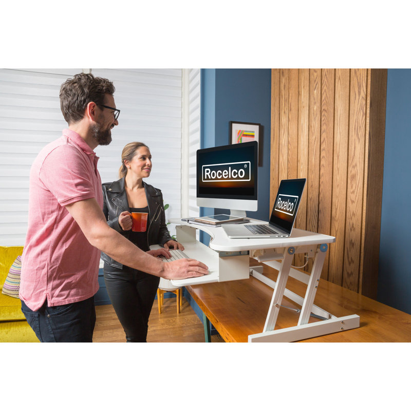 Rocelco 37.5 in. White Deluxe Height Adjustable Standing Desk Converter Dual Monitor Riser with Gas Spring Assist System