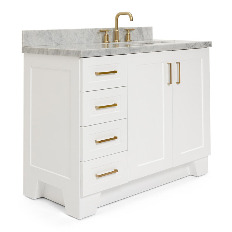 Ensemble de meuble-lavabo simple en bois massif 43 po Freitas blanc avec plateau en marbre de Carrare 1,5 po, Blanc, Oui