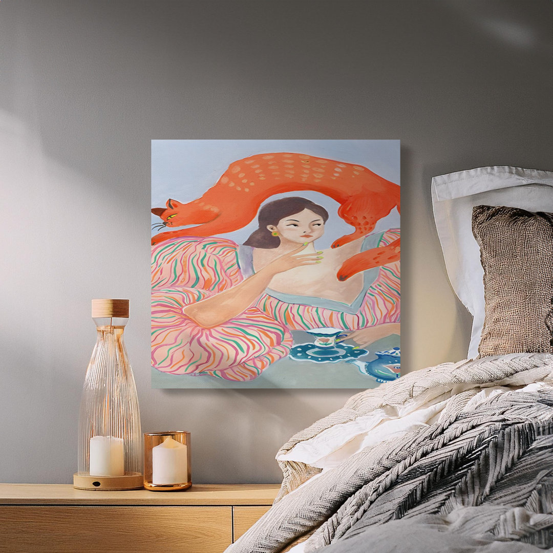 Whimsical Cat Art Canvas, Fantasy Woman & Orange Feline Teatime Wall Decor, Vibrant Maximalist Art Print for Cat Lovers