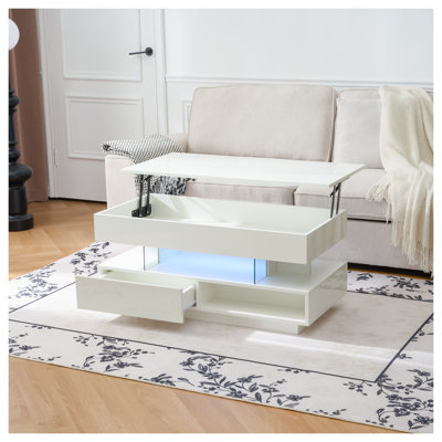 39.3'' Modern Lift Top Coffee Table with LED Lights, Hidden Compartment & Storage Drawers - White High-Gloss Multifunctional Coffee Table for Living Room & Office