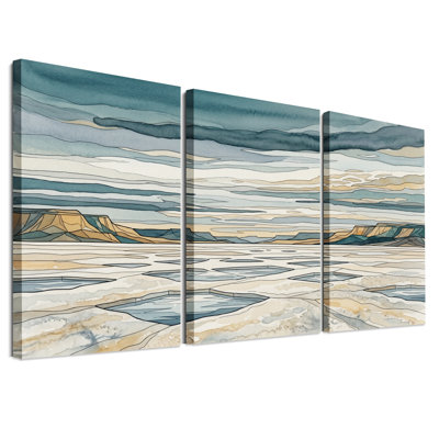 Ensemble de 3 toiles murales représentant un paysage désertique à l'aquarelle avec un ciel nuageux