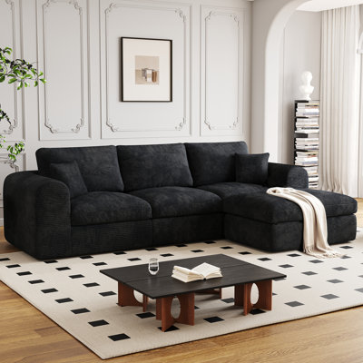 Corbin 108" Boneless Modern Modular Sectional Sofa with Deep Seat, Comfortable Upholstery L-Shaped Cloud Couch for Living Room, 3-Seater Corduroy Black Sofa with Movable Ottoman, Removable Cover & High Back, No Assembly Required