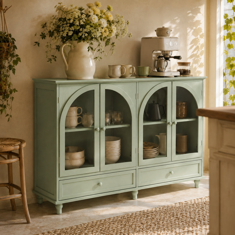 Buffet UNADO avec tablettes réglables et pieds fuselés, Vert